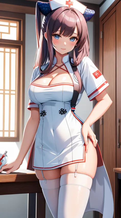 (best quality), 1 girl, ultra-detailed, illustration, yang guifei, (white nurse outfit:1.2), standing, nurse office, cleavage, white thigh highs