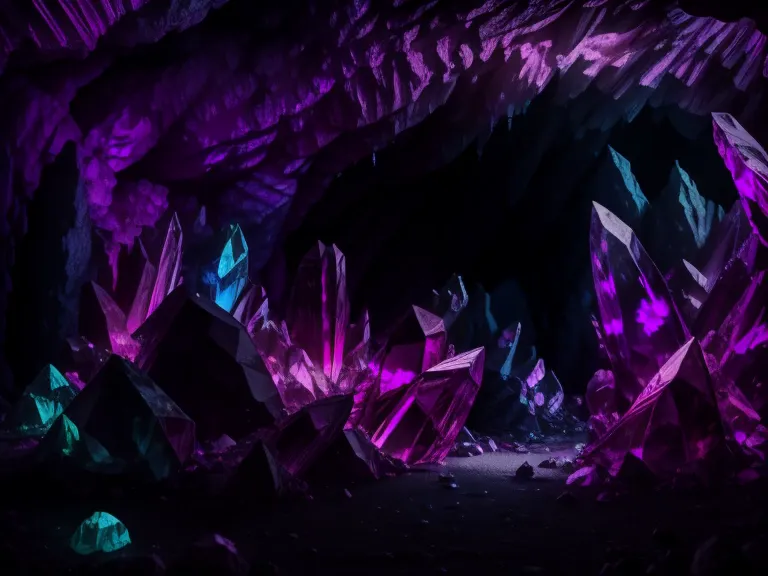 glowing crystals grow on the walls of a dark cave.., crystals glow with purple and pink neon light, crystals of different sizes ...