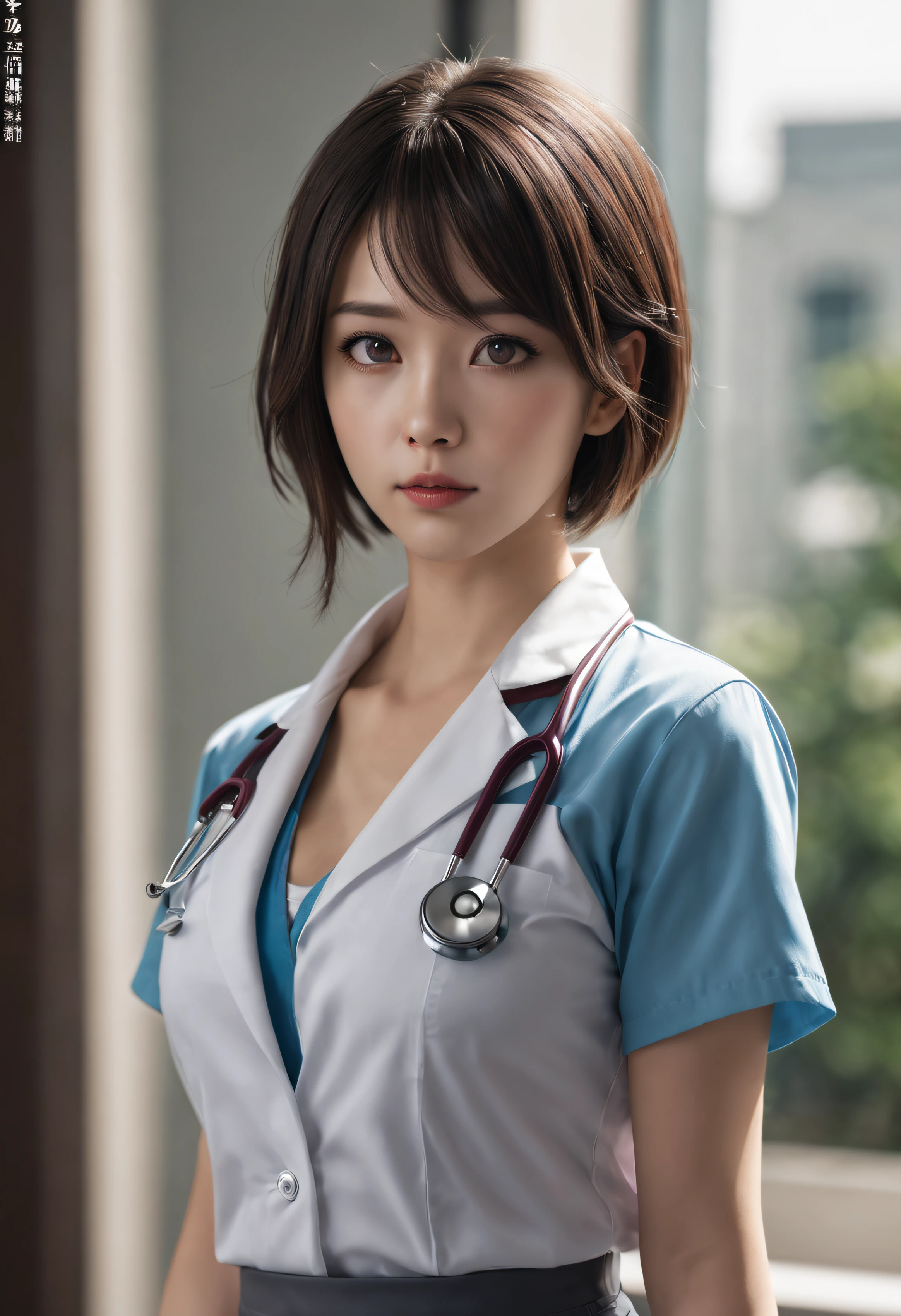 Photorealistic beautiful doctor、stunningly beautiful、8k,masterpiece, bset quality,big, (1 girl), Korra, blue_eyes, brown hair, long hair, professional lighting, (shiny skin: 1.2), shiny big, ((best quality)), sharp focus: 1.2, highly detailed face and skin texture, detailed eyes, perfect face, perfect body, blur art, cg, background, Big breasts, presence (20yo, mature cool and beautiful face), wearing ((black skirt), blue taut shirt, thilush, (mittgal), random pose, top view, perfect eye, angry face doctors white coat, Collared shirt、(top-quality、8K、32K、​masterpiece、nffsw:1.3)、超A high resolution,(Photorealsitic:1.4),Raw photography, Detailed face,Shoulder-length straight black short hair, ((Doctor Style)), Purple Surgical Clothes,Natural makeup,Big breasts,inside hospital, Detailed background, Perfect Lighting, depth of fields, Beautiful shadow gradient,stethoscope ,