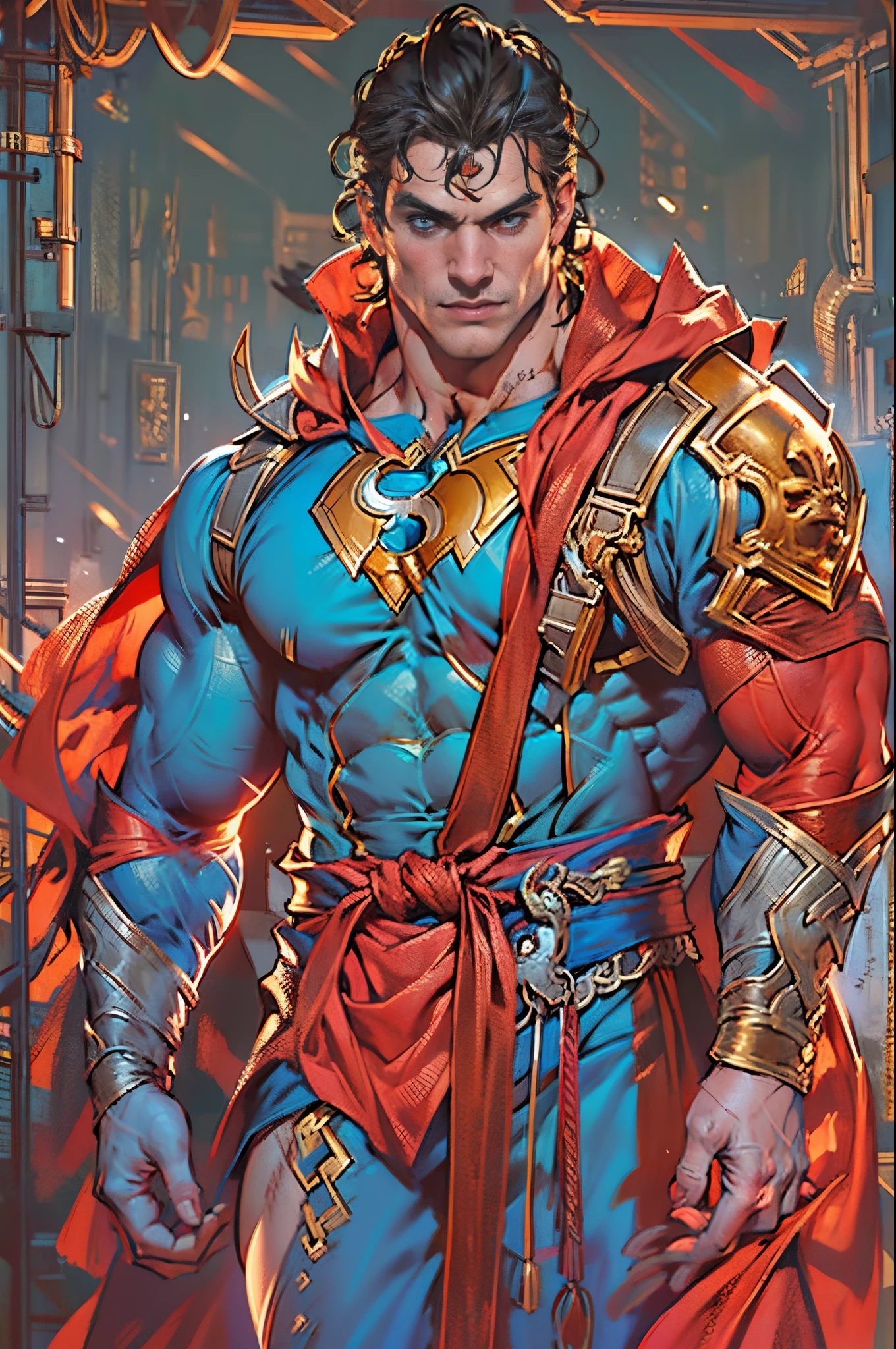 Desenhe um super-herói no estilo D14bl0, Henry Cavill como Super-Homem, 40 anos, Conjunto todo de detalhes em azul e vermelho, karatê, Grande símbolo S vermelho no peito, capa vermelha, Cubra o cabelo da testa, cabelo curto detalhado, cabelo arrumado, Alto, masculinidade, Corpo robusto, muscular men)), ((pernas musculosas)), ((Muito viril)), ombro largo, Conseguir ficar sério，inexpressivo, cabelo de cor morena, Melhor qualidade na melhor das hipóteses, Uma alta resolução:1.2, obra-prima, fotografiarealista, fundo escuro profundo, Pacote detalhado, Rosto detalhado, tiro na parte superior do corpo, braços cruzados, RuneCidades em segundo plano，(Greg Rutkovsky:0.8), (Ciano e Laranja:0.4），