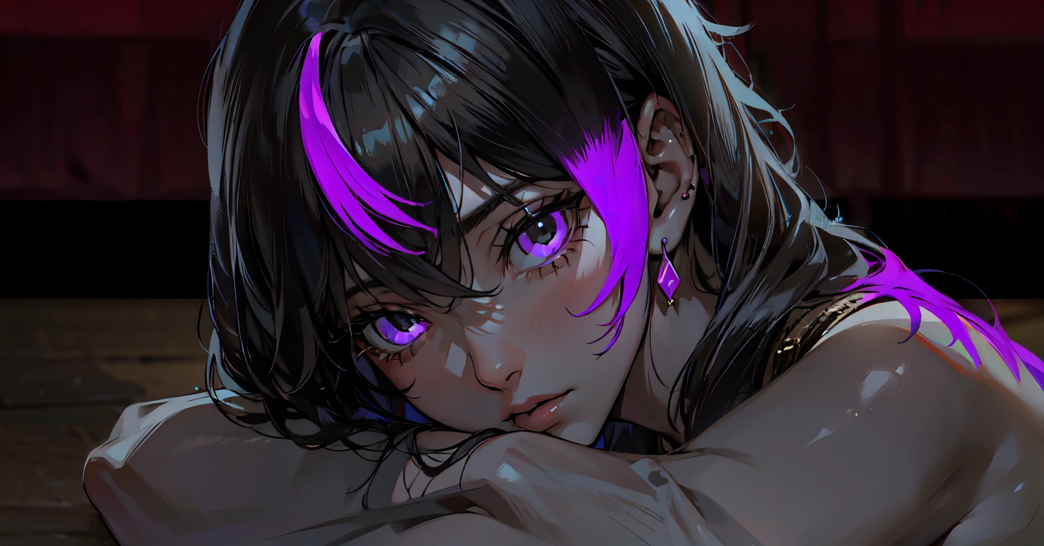 Anime girl with purple hair and black eyes laying on the floor - SeaArt AI