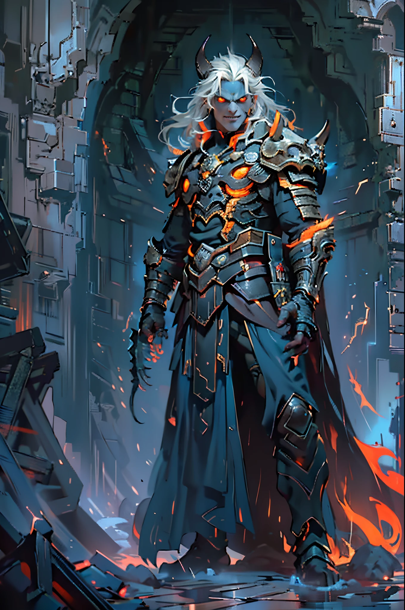 Standing in a cave，D14bl0 male necromancer, Detailed background depth of field,((Detailed faces)),((The eyes glow blue))，Tall figure，Long white hair,detailed back ground，Red-eyed，Stand at the highest part of the city，Observe the city，Under the demon army，Epic war fantasy digital art，tmasterpiece，high high quality，8K，UHD resolution，Detailed detail drawing，realistically，light，an award winning photograph，surreal texture，dramatic lights，((Anatomically perfect proportions))，((Detailed faces))，Detailed eyes，((anatomically correct limbs))，((correct hand))，(greg rutkovsky:0.8), (cyan and orange:0.4），