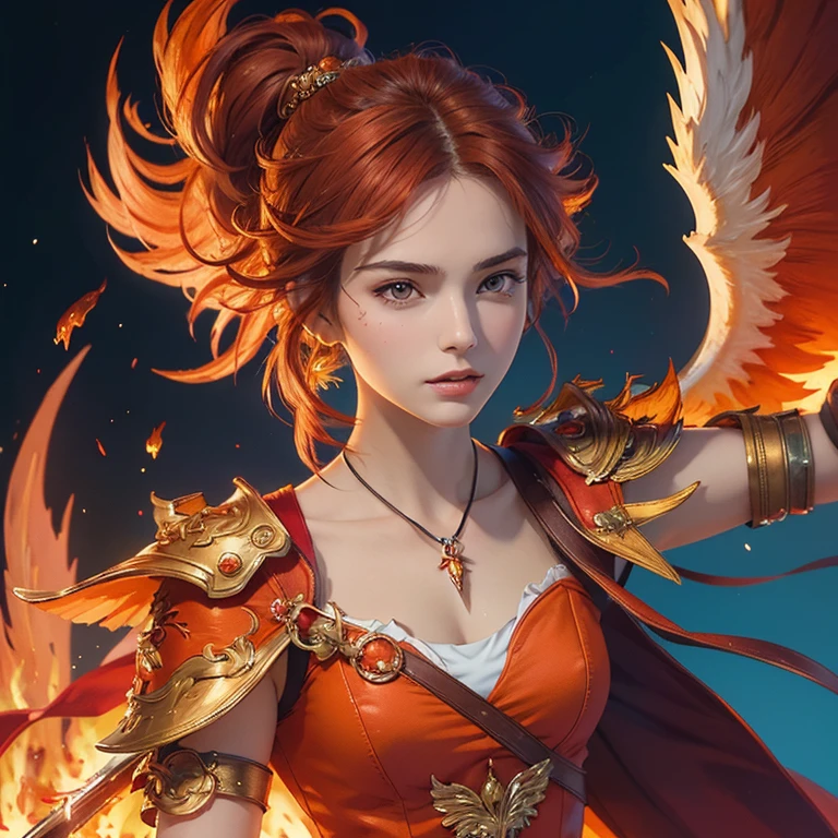 (masterpiece,High quality,Top quality,super detail, best quality ,)1women,Phoenix,fire wings,orange red outfit,beautiful Face details, skin details,orange hair,Hd,holding a sword,dress