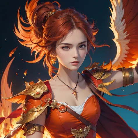 (masterpiece,High quality,Top quality,super detail, best quality ,)1women,Phoenix,fire wings,orange red outfit,beautiful Face de...