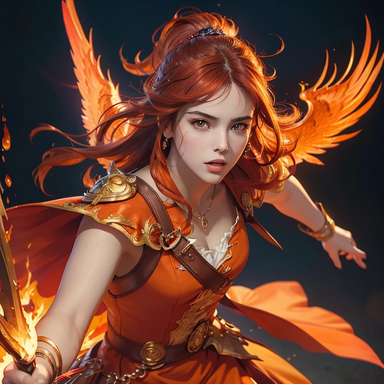 (masterpiece,High quality,Top quality,super detail, best quality ,)1women,Phoenix,fire wings,orange red outfit,beautiful Face details, skin details,orange hair,Hd,holding a sword,dress