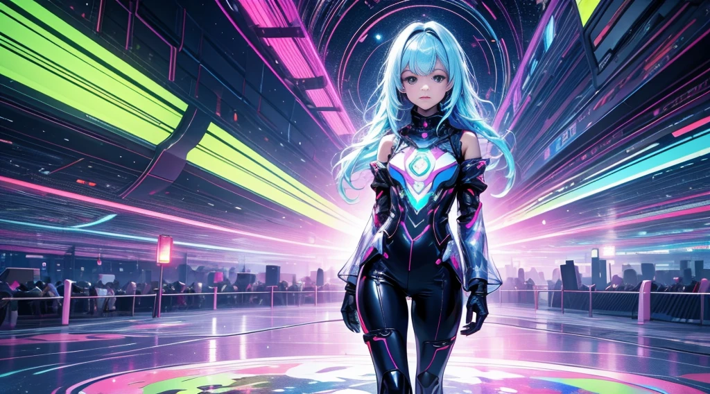 Masterpiece designs by the world's top AI artists, top-quality, 8K, High image quality, (Paint splashes)，Colorful ，Glow Color，lamplight，The Girl，(full body Esbian)，Look at the camera，Slime Girl，Glass-like outfits，Sleeves glow，large round eyes，cute little，The sky is wide，Interdimensional space、Fractal Art，Cyber City