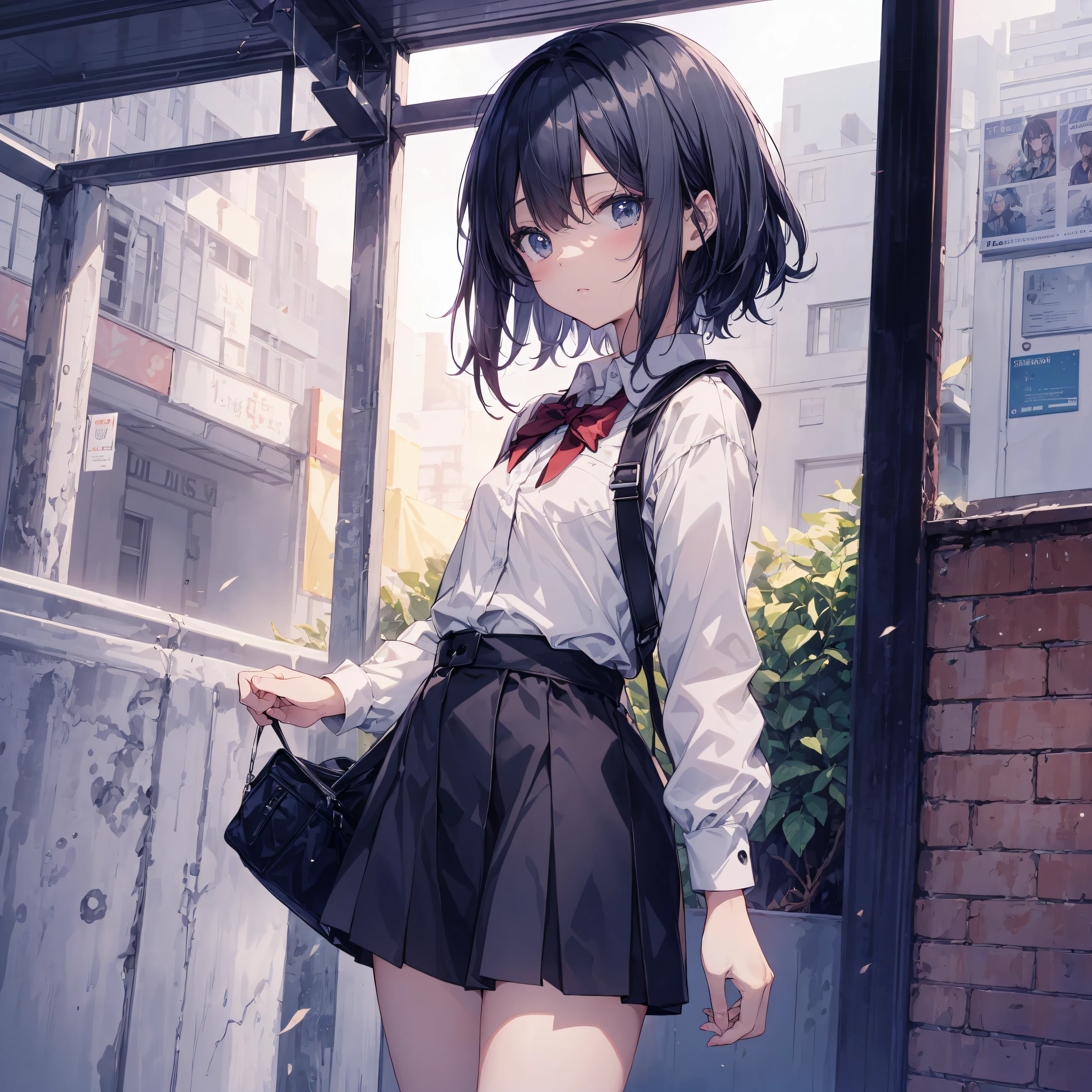 divine top quality, Ultra-detailed, anime moe art style,Best Anime 8K Konachan Wallpapers,Pixiv Contest Winner,Perfect Anatomy, (Draw a girl sleepily walking to school. ),BREAK, 1girl is a cool beautiful girl, (Solo,,,13years:1.3),a junior high school student, Androgynous attraction, (Center part very short hair),hair messy, Forehead, Full limbs, complete fingers,flat chest, Small butt, groin, Small eyes,Beautiful detailed black eyes,Well-proportioned iris and pupils,disgusted eye, , Skirt,On the way to school. BREAK,High resolution,super detailed skin, The best lighting powered by AI, 8K, Illustration,