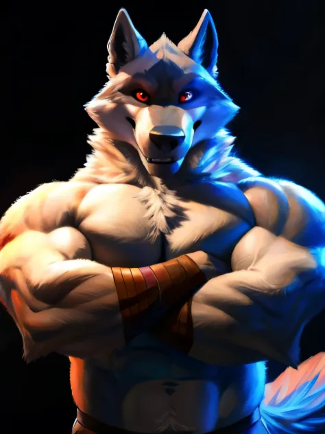 deathwolf, 4k, high resolution, best quality, posted on e621, solo, anthro body, mane, male, , bare chest, very masculine, (very muscular, strong pectorals, big pecs, muscular arms, heavyweight:1.2), correct anatomy, (dark background, black background, fea...