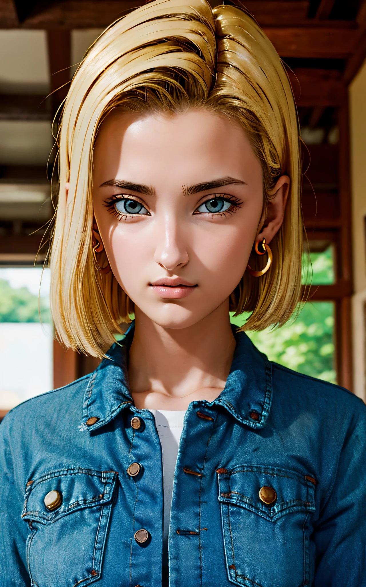 (masterpiece, best quality), ,android18, earrings, denim, belt upper body, focus face, perfect face, Emily Rudd.