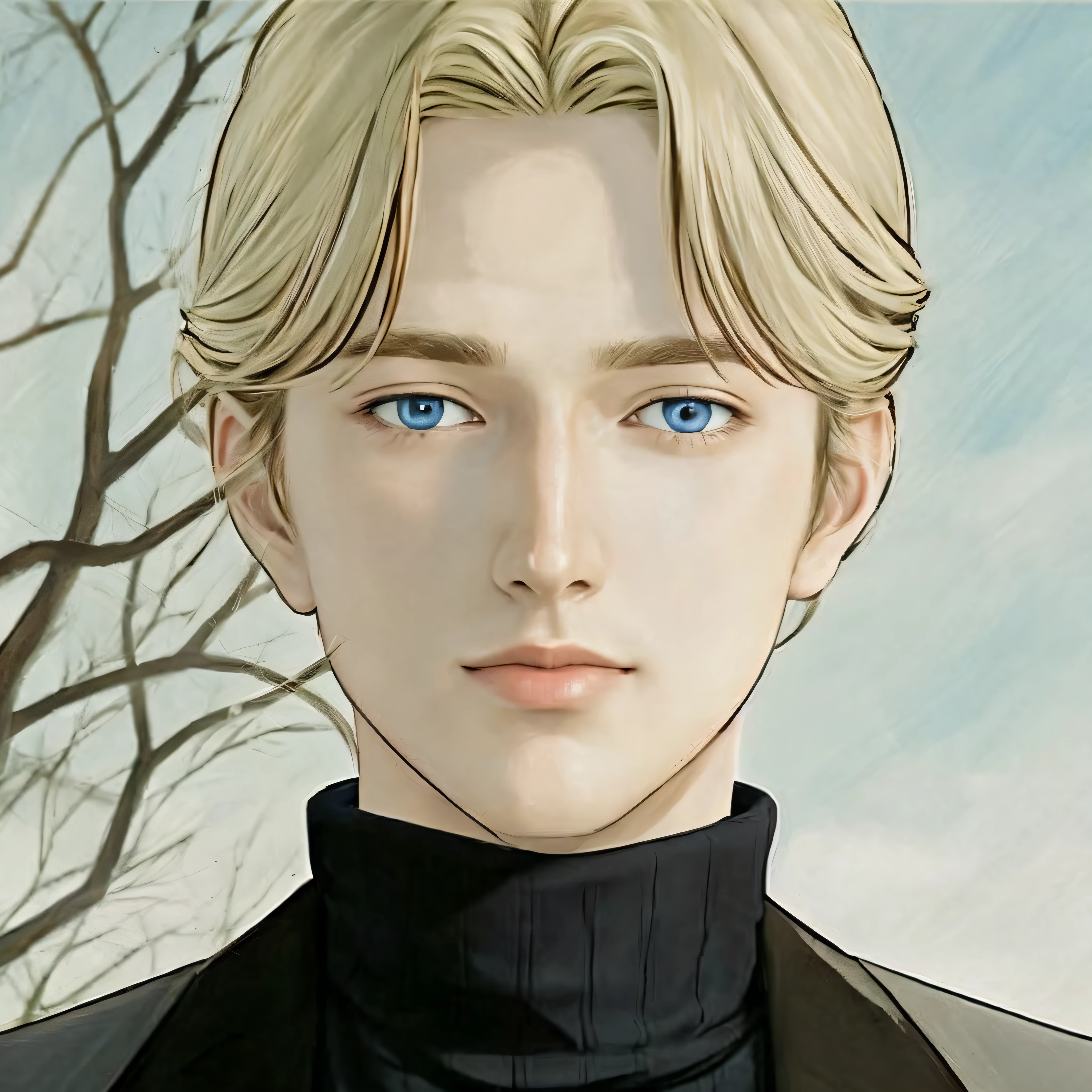 Anime boy with blue eyes and blonde hair in a black jacket - SeaArt AI