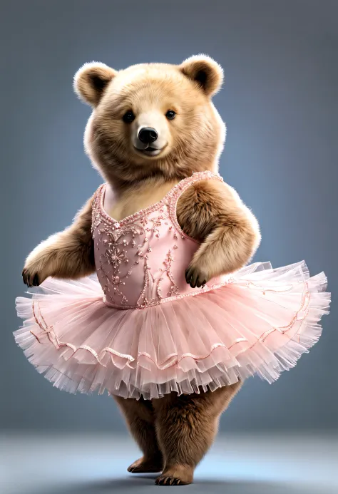 photorealistic portrait of Dressed animals - a fat baby bear ballet dancer,( ballet action posing), fluffy body, high quality,(lovely) ,intricate details, highly detailed ((ballet costume)) ,highly detailed tutu, (happy), studio lighting,(full body image:1...