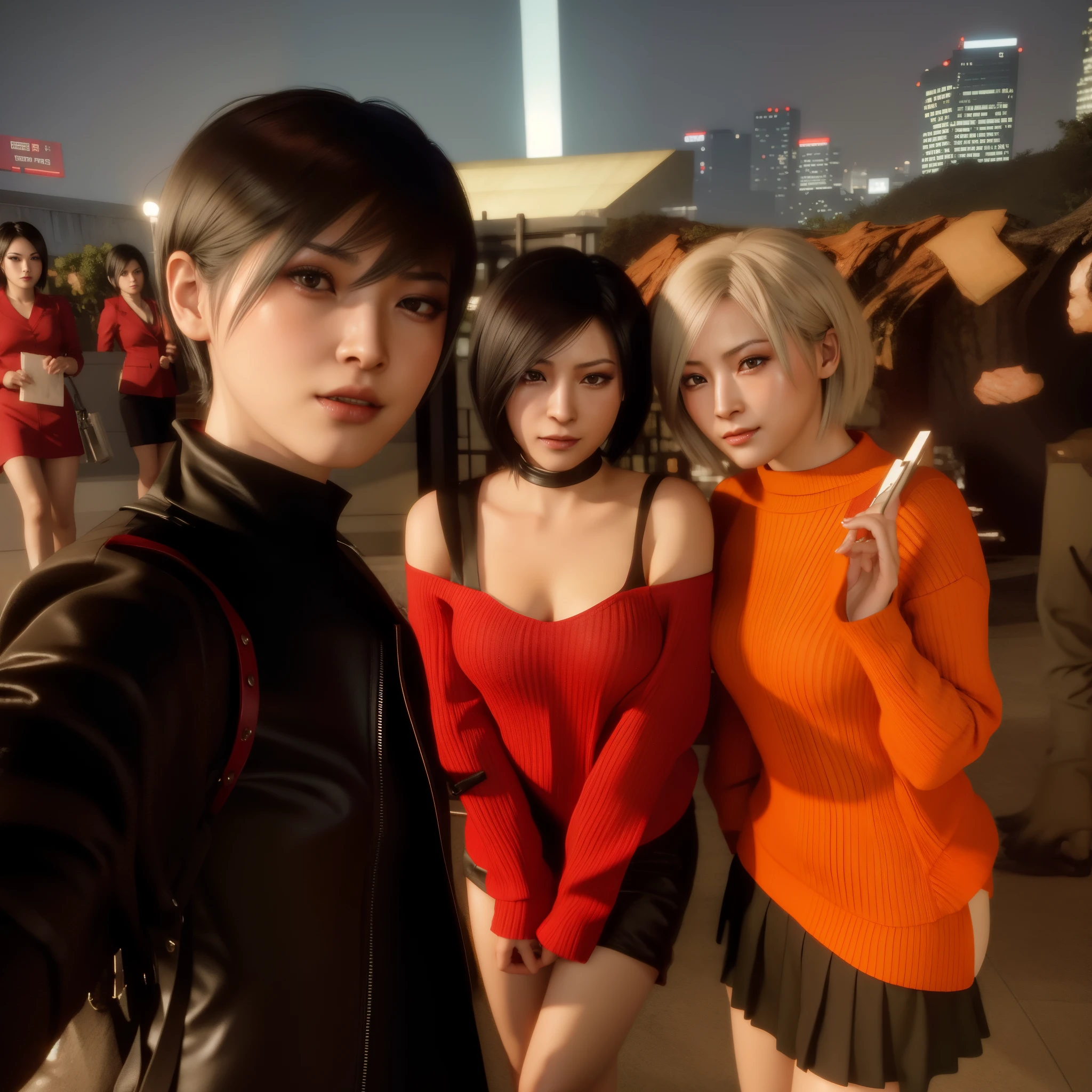 Ada wong, 2, short bob hair, mini red dress, Smooth thighs,woman, smile, perfect face, stylish