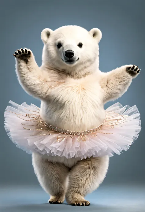 photorealistic portrait of Dressed animals - a fat baby polar bear ballet dancer,( ballet action posing), fluffy body, high quality,(lovely) ,intricate details, highly detailed ((ballet costume)) ,highly detailed tutu, (happy), studio lighting,(full body i...
