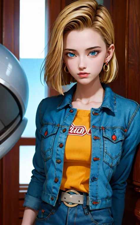 (masterpiece, best quality), realistic version of android18, earrings, denim, belt upper body, focus face, perfect face, emily r...