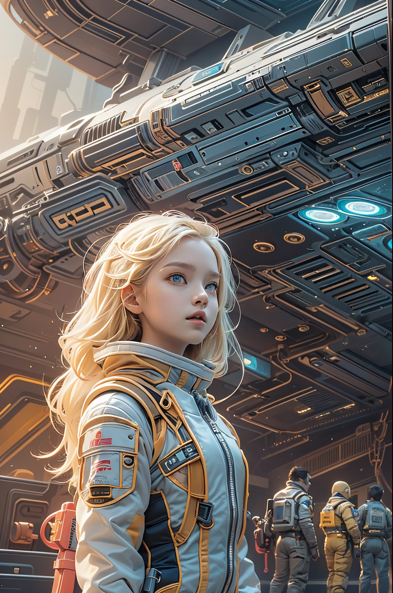 (12-year-old girl, 12 years old, a blond, Photorealistic, pale skin), (yellow (Eyes:1.2)), (slim build:1.3), (Fantasy spacesuit), Beautiful face, Symmetrical face, Greg Rutkowski, WLOP and Sam Kuvshinov, (Long hair), Blonde eyelashes, Large iris, Big pupils, Full body, Stand on the background of the cosmodrome, art  stations, 8K, Science fiction, Pastel colors, props, panel, Concept, Futuristic, Gribble, Simon Starenhug, spaces, In outer space, Spaceship in the Sky, Technological Blocks