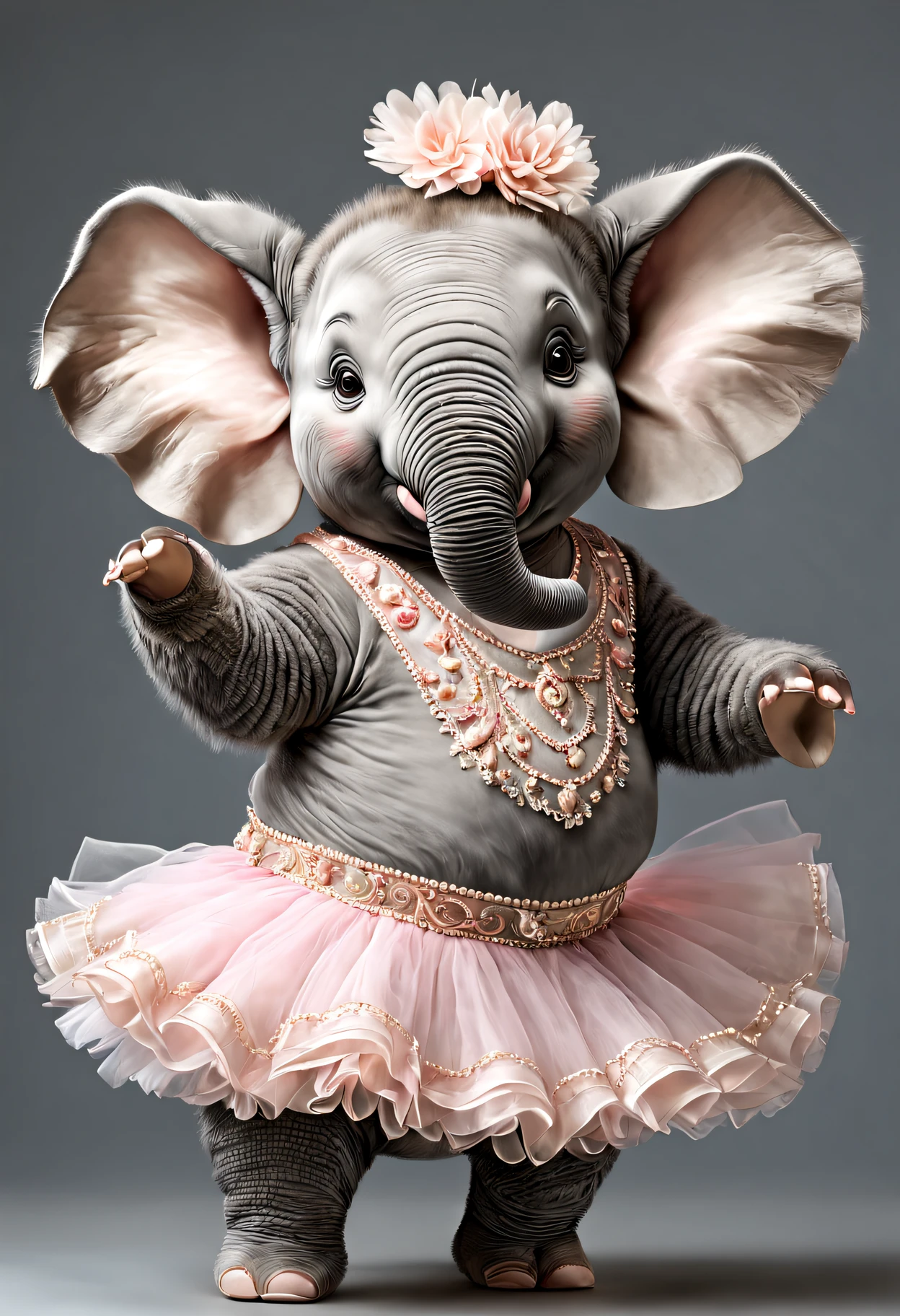 photorealistic portrait of Dressed animals - a fat baby elephant ballet dancer,( ballet action posing), fluffy body, high quality,(lovely) ,intricate details, highly detailed ((ballet costume)) ,highly detailed tutu, (happy), studio lighting,(full body image:1.5)