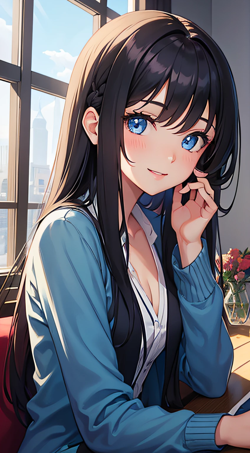 Anime girl sitting at a table with a laptop and a phone - SeaArt AI