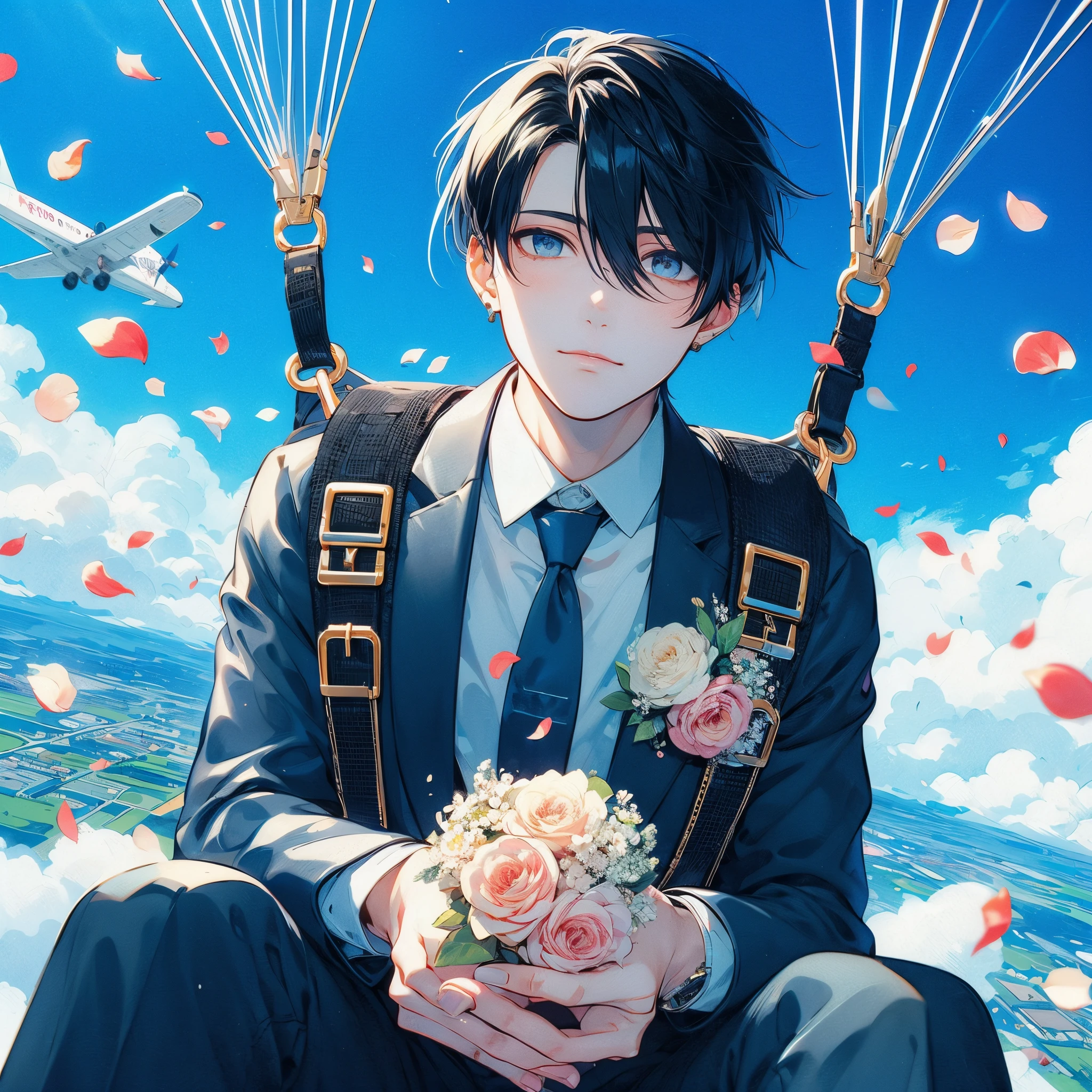 Beautiful young man, 1man, Black hair, groom&#39;s clothes, skydiving, flower petals, Dyed cheeks, Propose while skydiving, Blue sky, Planes,High quality, amount of drawing, pixiv illustration