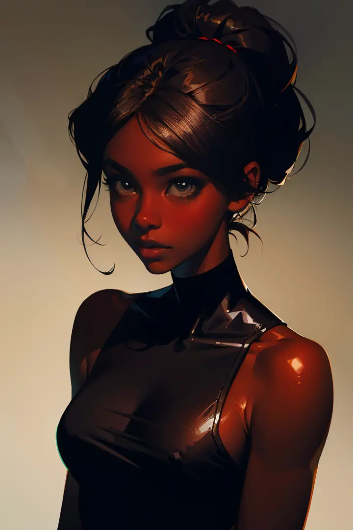 Upper body. Twenty-five year old beautiful ebony woman. Dark skin, ebony skin, she wears hair bunsBlack eyes.