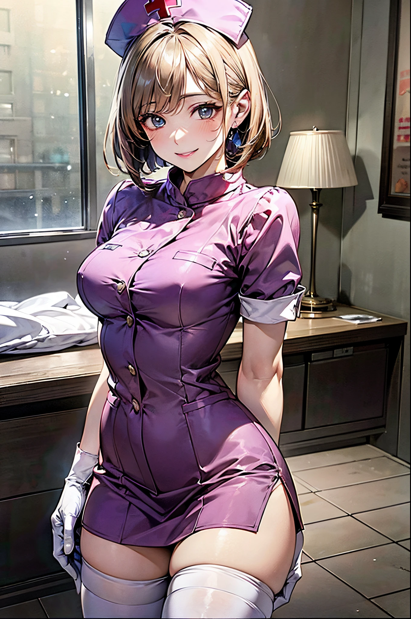 ((((perfect anatomy, anatomically correct, super detailed skin)))), 1 girl, japanese, 19 years old, nurse, white skin, shiny skin, large breasts:0.5, watching the view, (smile:1.5), 
beautiful detailed eyes, (short hair:1.2, bob cut:1.2), blonde hair, blue eyes, pink lips, babyface, mole under eye, 
((nurse cap, short sleeves, light pink nurse wear, ((white legwear, zettai ryouiki)), white gloves)), 
(beautiful scenery), day time, , ((inside hospital bed-room, modern)), standing, ((holding medical records)), 
(8k, best quality, masterpiece​, ultra-detailed, ), (photorealistic:1.2), illustration, cinematic lighting,