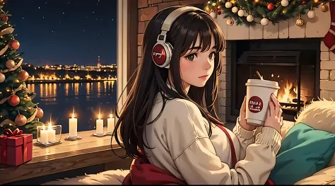 lofi brunette girl with headphones sitting on the floor with a cup of coffee in front of a christmas tree, christmas vibe, night...