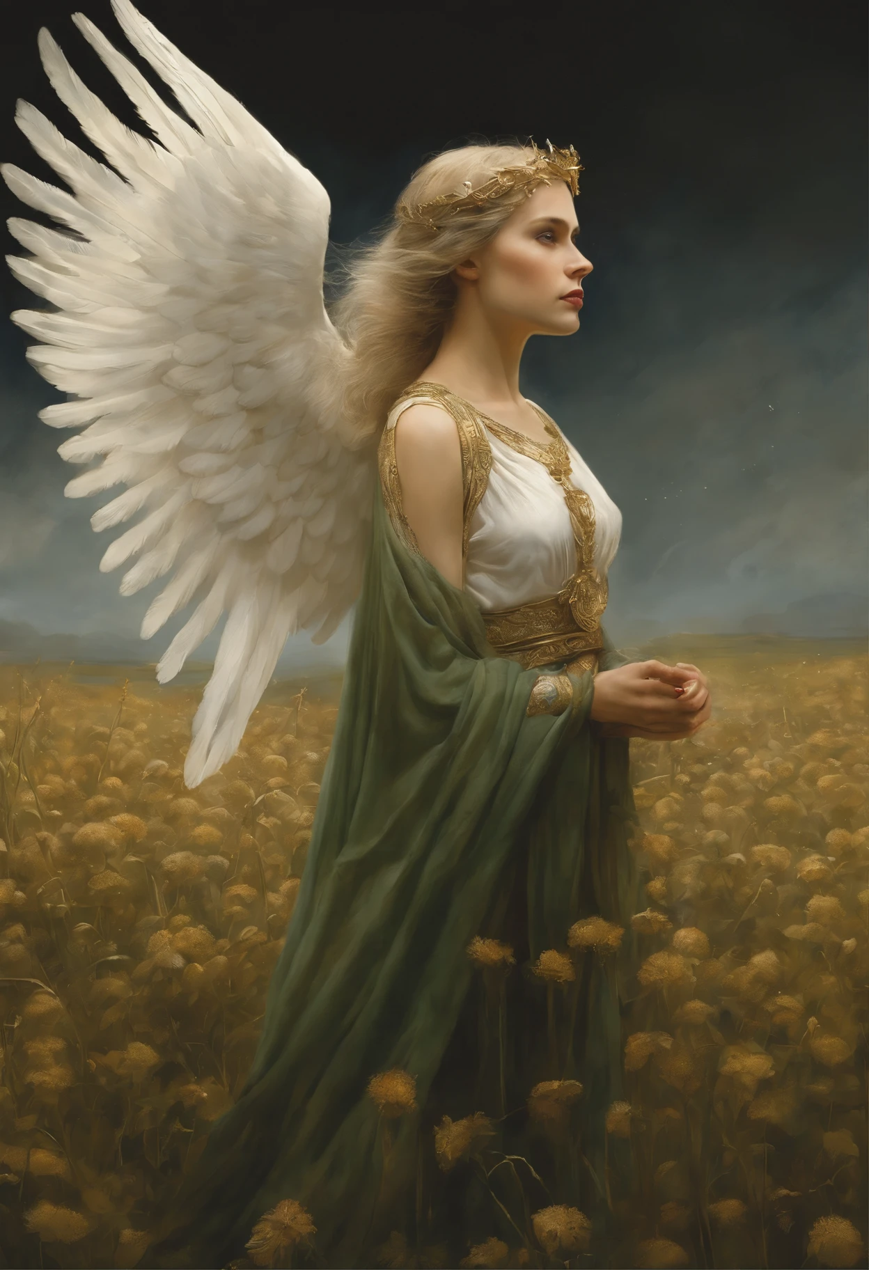 A painting of an angel standing in a field of flowers - SeaArt AI