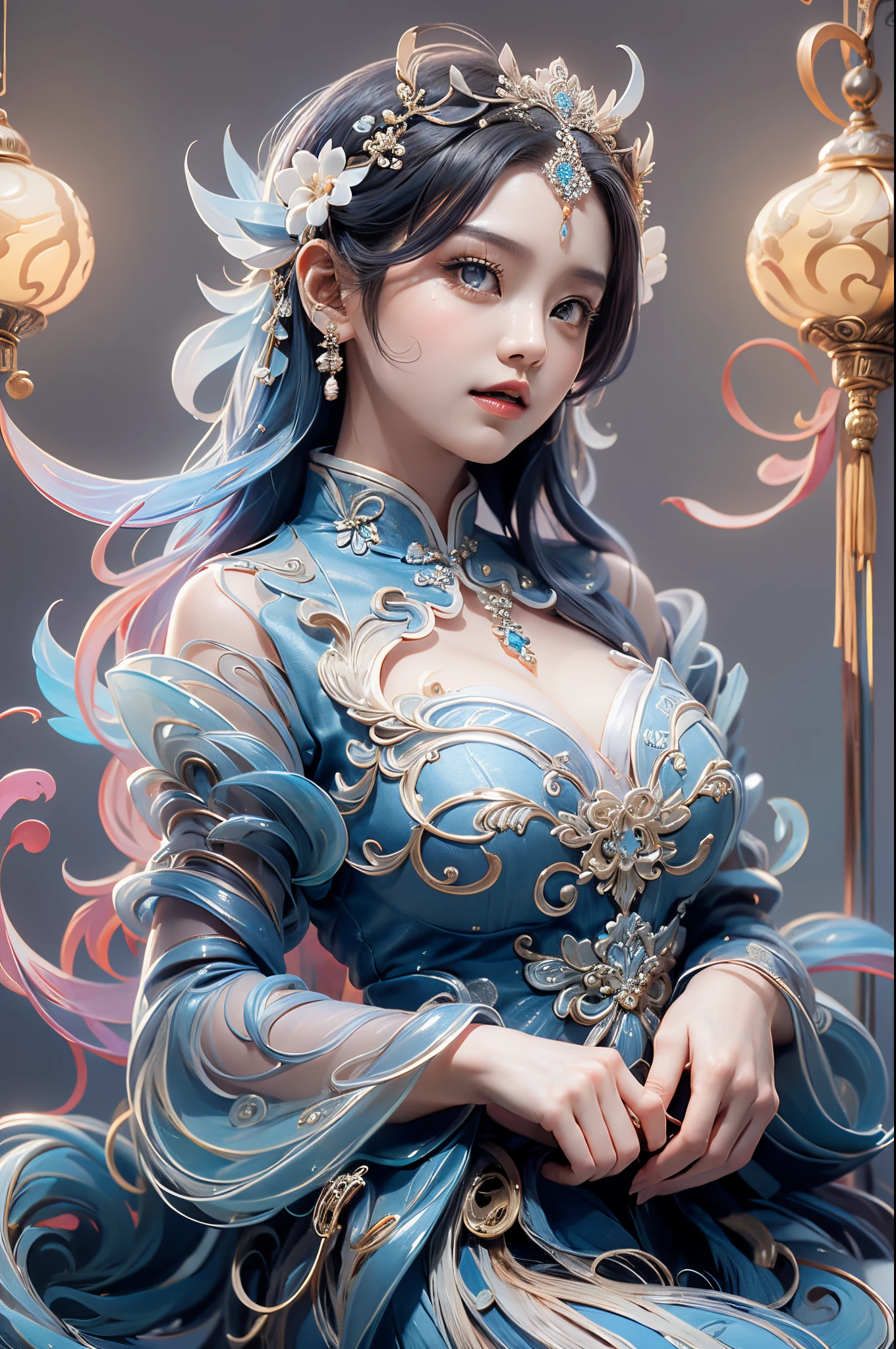 Woman in blue and white dress with flowers in her hair, Hanfu, palatial palace, Girl in Hanfu, blue hanfu, white hanfu, wearing ancient Chinese costume, ((beautiful fantasy queen)), ancient chinese princess, Chinese style, traditional Chinese clothing, Ancient Chinese Clothes, beautiful fantasy queen, chinese princess, Traditional beauty,top-quality、Masterpiece、