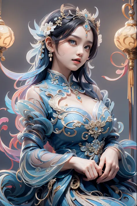 Woman in blue and white dress with flowers in her hair, Hanfu, palatial palace, Girl in Hanfu, blue hanfu, white hanfu, wearing ...