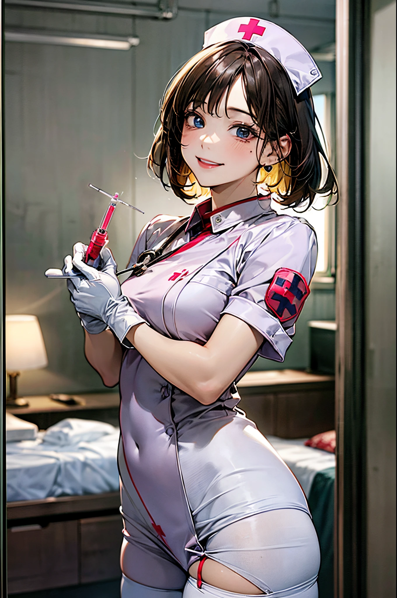 Anime - style nurse in a short grey uniform holding a syet - SeaArt AI