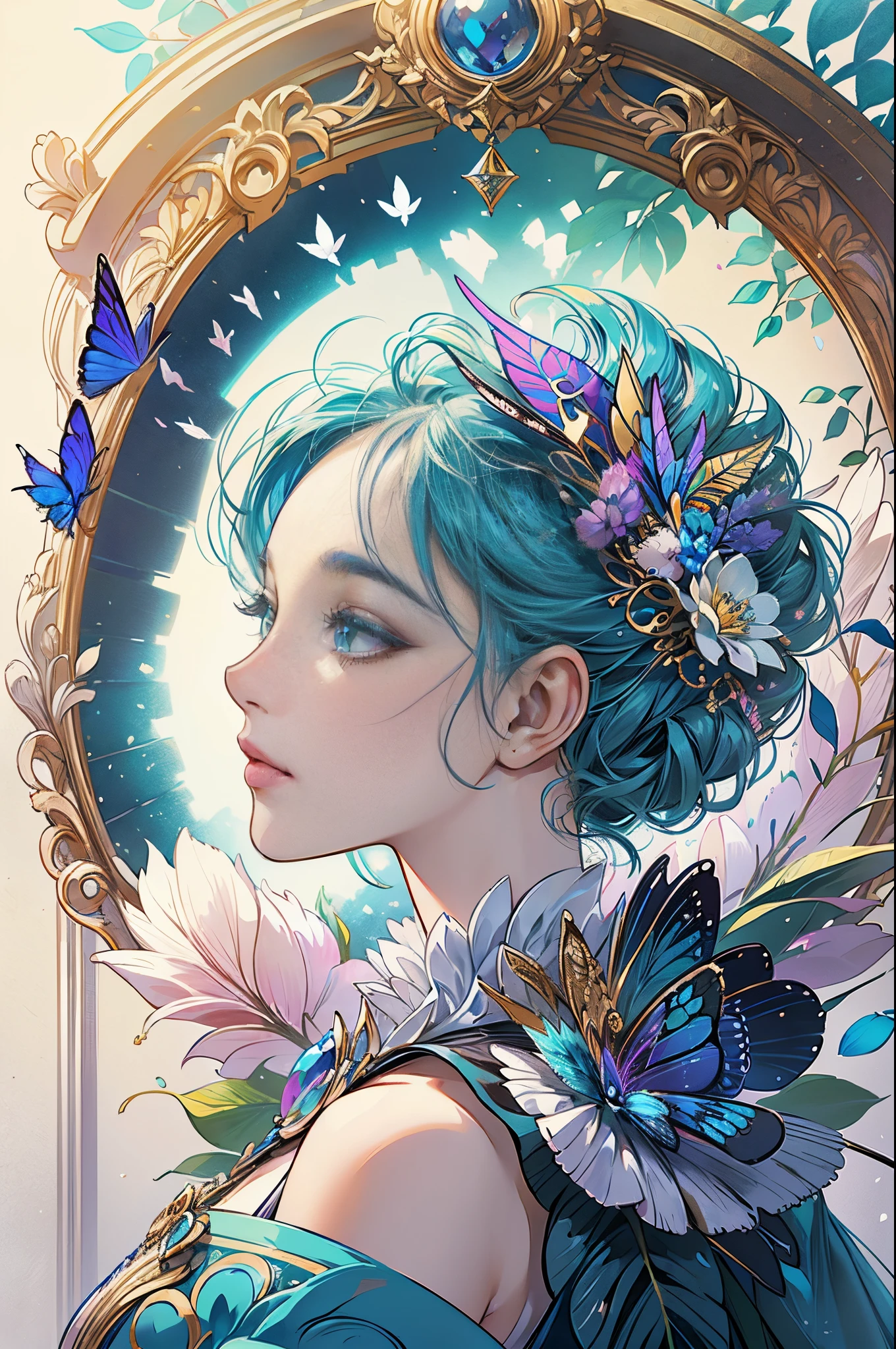 Butterfly motif、Blue Undertone、Vibrant colors、((​masterpiece)))、(((top-quality)))、((ultra-detailliert))、(A hyper-realistic)、(highly detailed CGillustration）、Official art、Luxembourg in the early 20th century、Decadent、Madame Papillon、Cool Beauty、Masquerade、sophisticated menegance、Gorgeous、Colorful and detailed mask design、matchless beauty、Fans、gorgeous dress、jewely、Female Solo、Perfect Angle、perfect-composition、from the front side