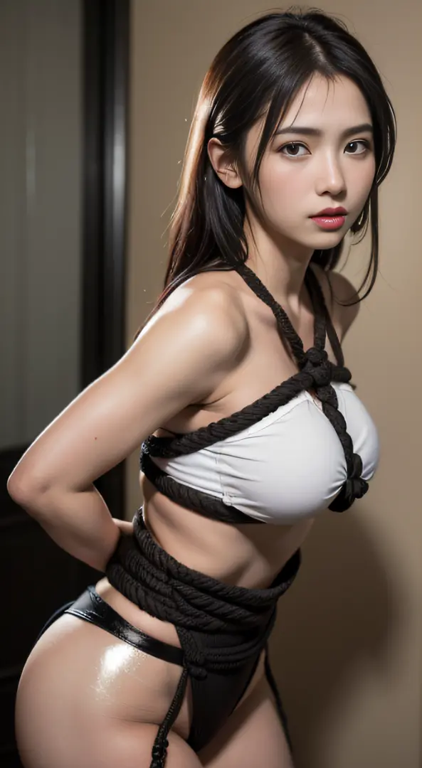 Draw only one woman, Anatomically correct proportions, 8K, RAW shot, Best High Quality, ​masterpiece, realphoto, 18-year-old beauty, A dark-haired，((bind:1.4))，arms behind back:1.4、((BDSM:1.4))、(Tying the body with a rope:1.4)、sexy  pose, (Skin shiny with ...