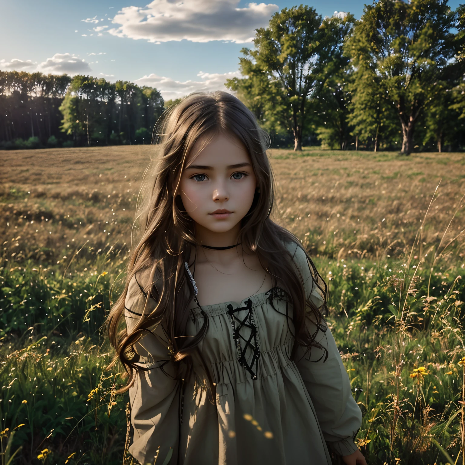 arafed girl in a field with a field of grass and trees, in a field, alexey egorov, in a meadow, by irakli nadar, young girl, gorgeous young model, color photograph portrait 4k, 🍁 cute, beautiful young girl, 🤤 girl portrait, a stunning young ethereal figure, young goddess, European girl, down syndrome,