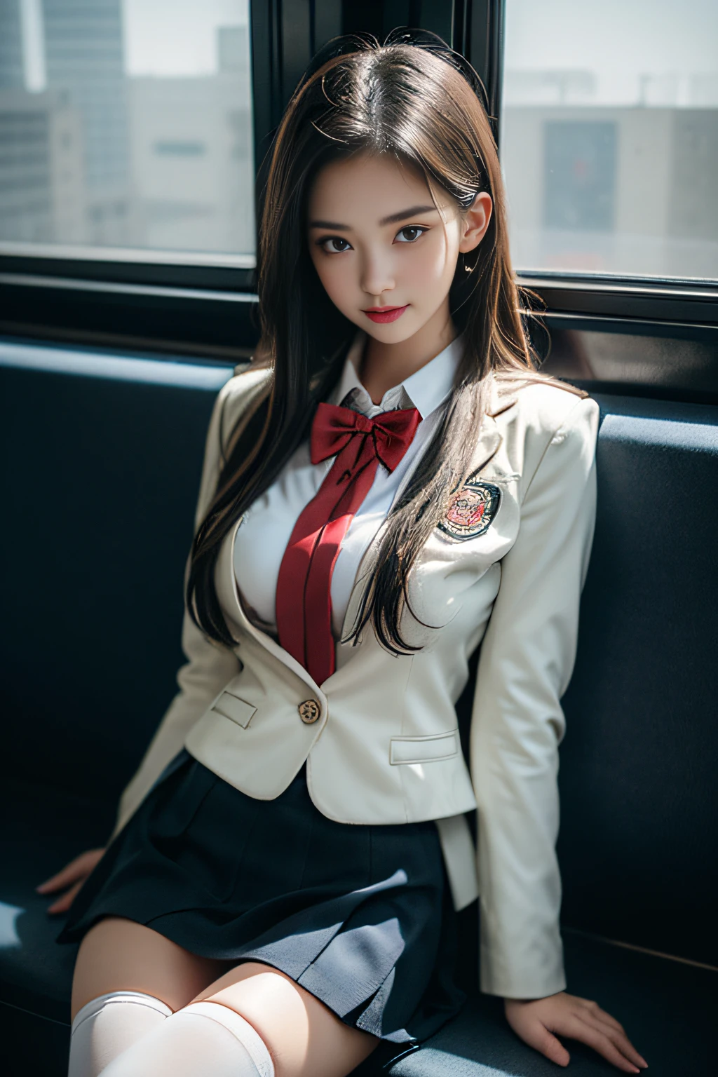 ((Female student sitting on a train seat ))，Charming eyes，Heartwarming action，Turn your face away from the camera，stooped，Bend over，turn back，Look up at your head，thick and long black hair，Highly detailed body，Highly detailed face，best qualtiy、(P  iNK underwear),(High School Girls),((White Blazer、emblem on breasts))、((Translucent blouse)),((red bowtie)),((navy check flare skirt)),(Black stockings)、((Outside the window, Hazy skyscrapers))