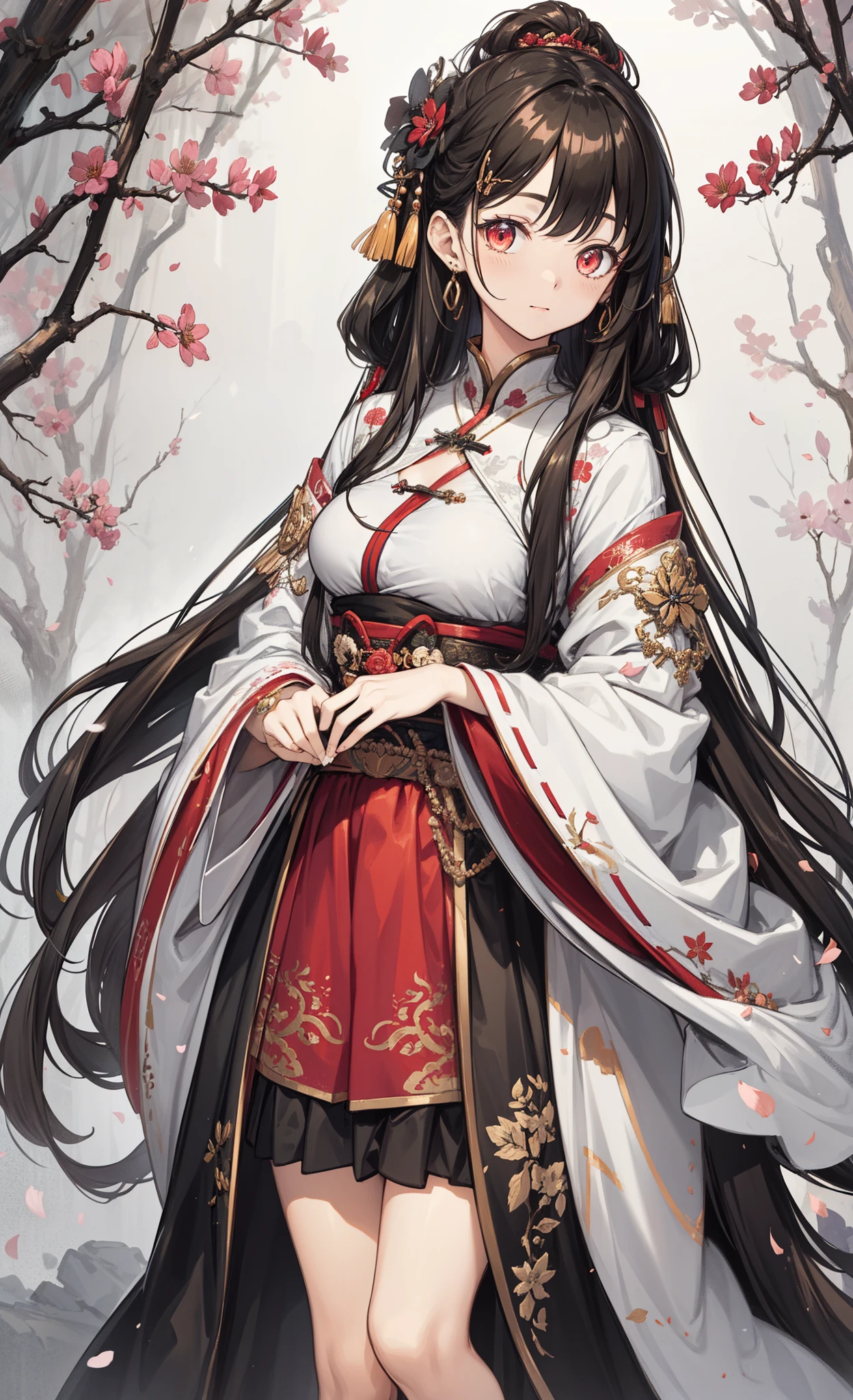 (tmasterpiece:1.2),Atdan, 1 plump girl, Alone, Branch, flowers blooming, jewely, a skirt, ear nipple ring, that tree, through bangs, Long gray hair, hair adornments, view the viewer, Chinese clothes, black hair color hair, hairflower, Brown hair, bshoulder, Very long hair, Wide sleeves, longer sleeves，obsessed，Light orange-red eyes