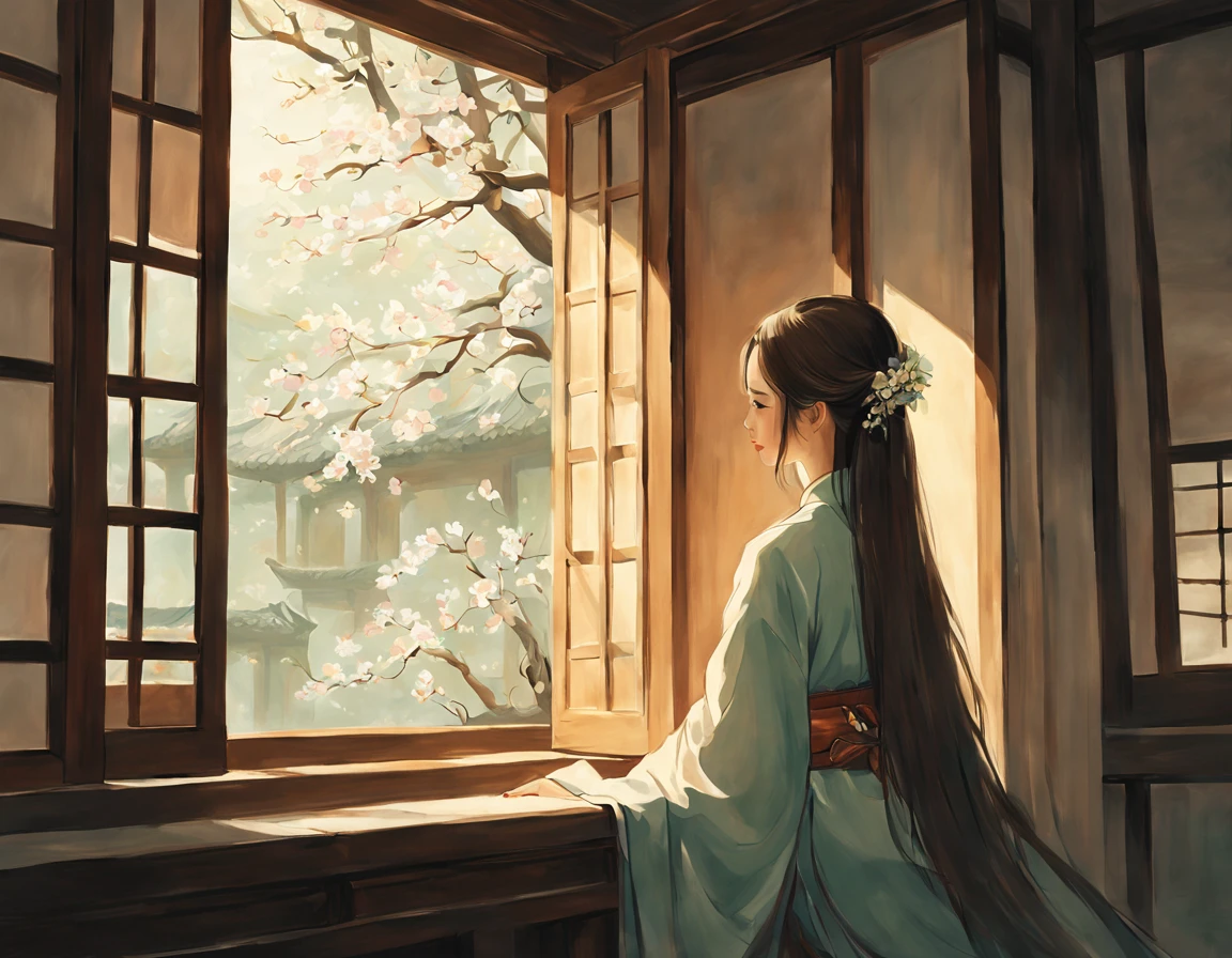 painting of ancient china, there is a back of a young girl sitting in a room in an ancient china house, the young girl has long flowing hair, she is wearing hanfu and looking out of the window seeing the tree outside, the window is in rounded shape, spring, calming atmosphere, peaceful, soft, white apricot flower outside