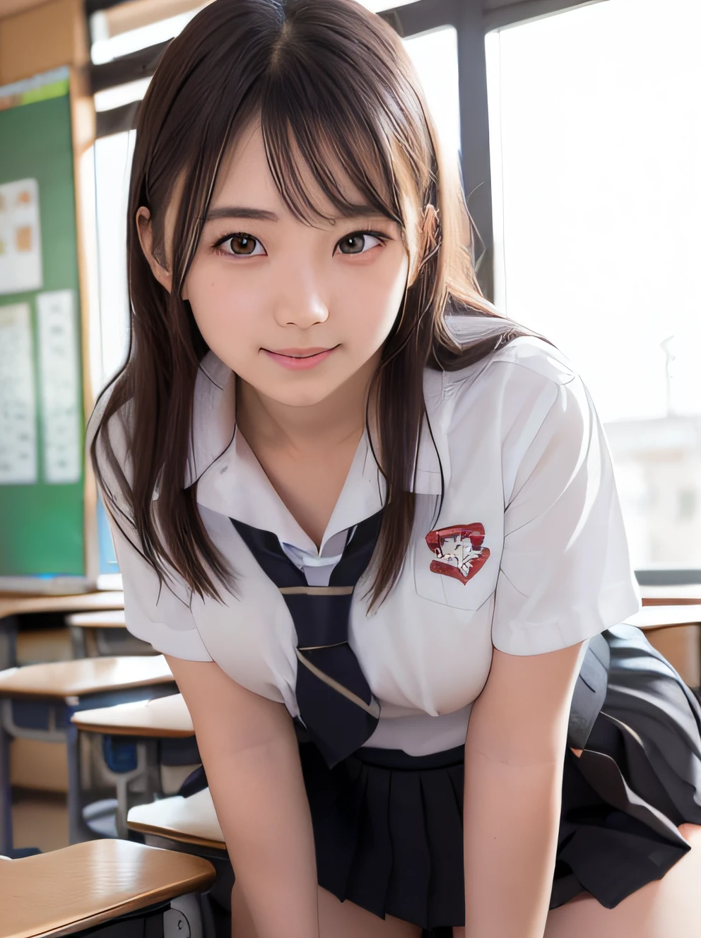 masutepiece, Best Quality, japanaese girl,1girl in, 8K, Raw photo, (highly detailedskin:1.2), Ultra-high resolution, (Lens 50mm), (F/1.2),Exquisitely Detailed Eyes, Looking at Viewer, Beautiful face, (breasts of medium size:1.4)，(large round eyes:1.4), (drooping eyes:1.2), (Shy and cute smile:1.3), 16 years old, Straight hair, (Short hair), Black eyes, white fine skin,small mouth, high cheekbones, (Definition), Sexy Pose,(Leaning forward:1.3), (White panties:1.4), Nogizaka Idol, hposing Gravure Idol, Cowboy Shot, Beautiful japanese girl, 16 years old, extremely pretty, female idol, (sitting on the desk:1.1), (School uniform:1.4), (Skirt lift:1.6), (School classroom background:1.1), Shallow depth of field,
