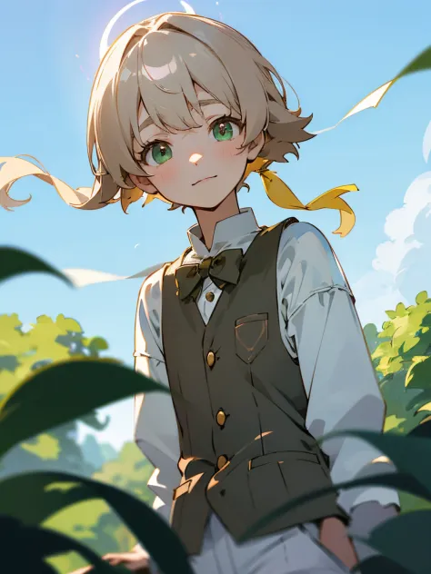 Very beautiful boy、cute face、silber hair、Blonde hair、green eyes、Brown vest、 country scenery、White cutter shirt、half-pants、Natura...