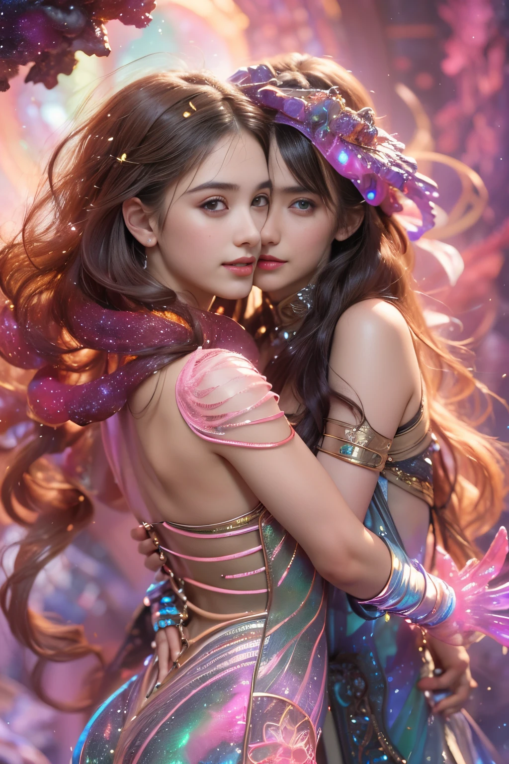 (Two beautiful teenage italian girls:1.6), Close friends, (They are hugging each other:1.2), Kiss her cheek or chest,(Detailed iridescent bodysuit with beautiful fractal or marble design:1.5), Incredible and spectacular scenes, ((High quality)), ((Detailed)), ((Fantasy)), Blue Plasma Brain, Green Plasma Body, Showing her armpits, beutiful breast,  obscenity, (Lewd smile:1.2), coarse, Obscene, mean, (raunchy:1.2), (Immoral:1.2), Lachish, (small breasts with beautiful raised pink areolas,,,,,,,,,,,,,:1.5), (Camel toe), (Expression of ecstasy:1.2), Photorealistic, Official art, Unity 8K Wall , 8K Portrait, Best Quality, Very high resolution, (Incredibly beautiful nature background:1.6), (18 years old:1.5), (Sexy and glamorous:1.1), (A coquettish expression:1.6), (seductively smiling:1.6),  (erotic posing:1.9), (Model Posing:1.8), Beautiful seductive face, Portrait, (Thick eyebrows:1.4), (Big scarlet eyes:1.6), Beautiful eyes with fine symmetry, (Ultra detailed eyes:1.4),(Highly detailed face and eyes:1.7), (High-resolution red-eye:1.8), Intimate face, (ultra detailed skin texture:1.4), White skin, pale skin, Perfect Anatomy, Thin, (Beautiful toned body:1.5), Highly detailed hair,  (Moist skin:1.2), No makeup, (dark circles:1.1), Good anatomy, Focus Face, good-looking, (Emilia Clark:0.6) (Emma watson:0.3),(Jennifer Connelly:0.4), ( Face:1.5), Elegant face, Nice,  (A delicately crafted necklace is wrapped around her neck...............), (Bioluminescence with brilliant brilliance:1.4), (Luminous magic circle:1.5), Ruins of an ancient castle, Shining majestic cloud masses and sky, lightning bolt, Epic Realistic, (Greg Rutkowski:0.8), (teal and orange:0.4), (Art Station:1.5), Cinematic, (NSFW:1.2),  Hyper Detailed, Dramatic light, (Intricate details:1.1), Beautiful black hair,　(Wearing a gauntlet with a dense and very beautiful design decorated with jewels:1.1), , Galaxy, (nebulas:1.6), (Beautiful frame with no frills:1.2), The Dark Knight, Fully armored body focus