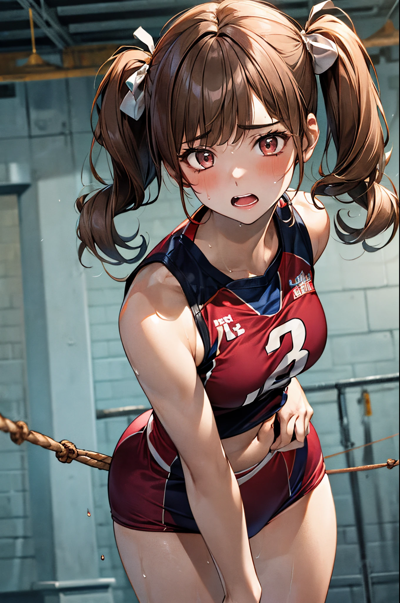 Anime girl in a red and blue uniform posing for a picture - SeaArt AI