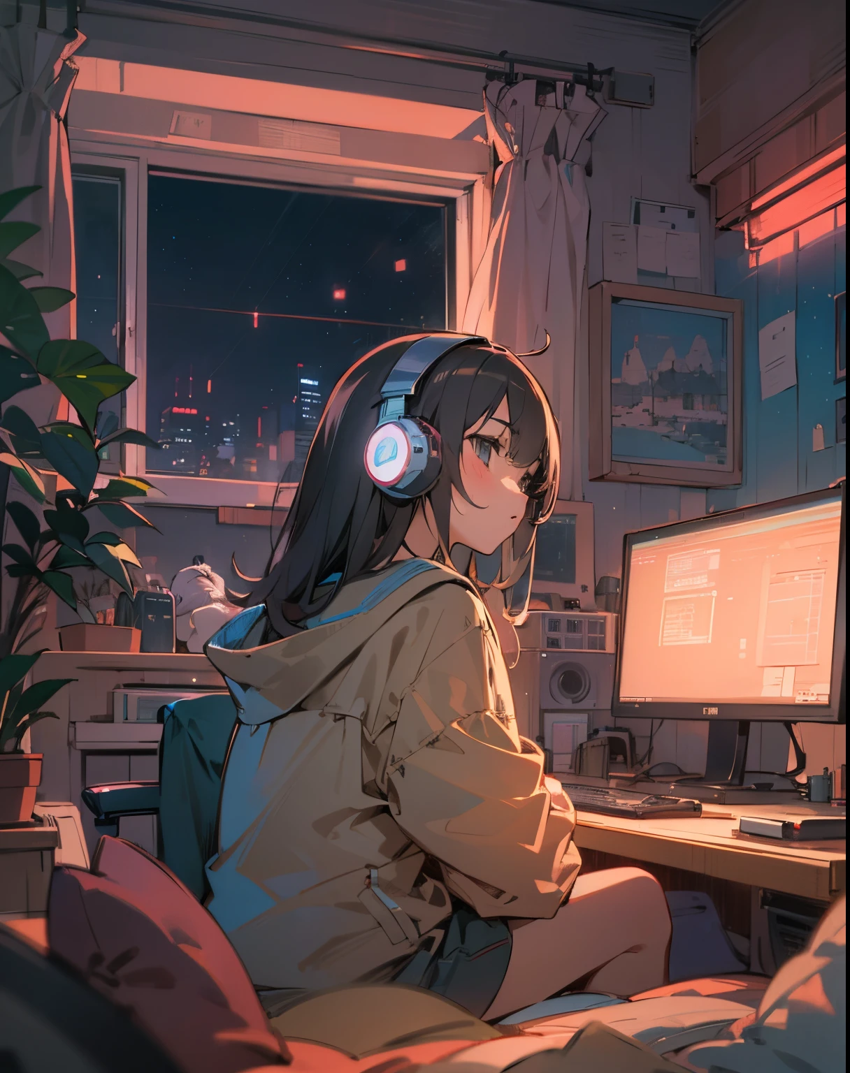 Anime girl assise devant un ordinateur dans une chambre confortable, Fille écoutant de la musique dans une pièce confortable la nuit, Utiliser des écouteurs, sur un toit, (lumières chaudes), Style animé 2D, basse-fi, très détaillé, disque dur, style anime mélangé avec fujifilm, hyper réaliste, 8k, chef-d&#39;œuvre