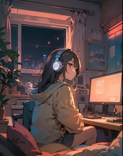 anime girl sitting in front of a computer in a cozy bedroom, girl listening to music in a cozy room at night, using headphones, ...