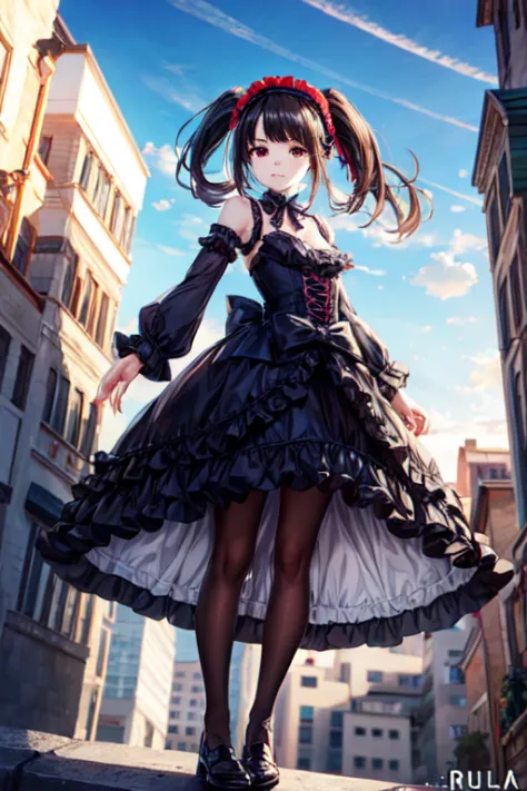 ((full body)), ((full pose)), kurumitokisaki, tokisaki kurumi, clock eyes, black hair, twintails, (red eyes:1.2), (yellow eyes:1...