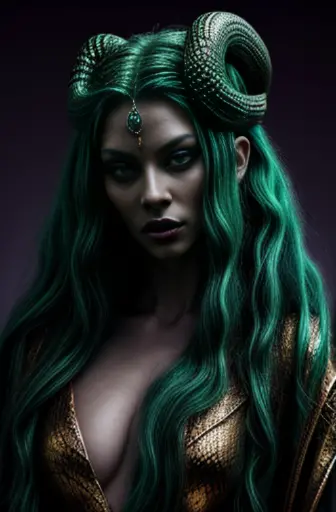 create a fascinating image of a snake woman inspired by the mythology of medusa.  visualize a serpentine mane of iridescent scal...