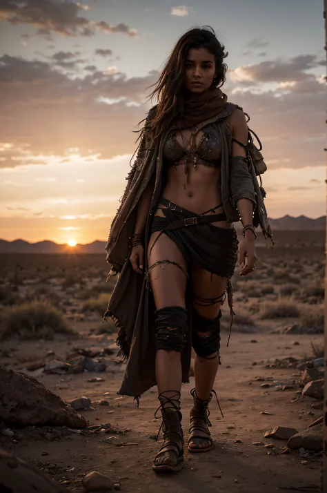 Transitioning to a desert landscape at sunset, a lone figure, a beautiful woman emerges wearing nomadic, post-apocalyptic clothing. Layers of tattered fabric, unconventional accessories, and a weathered look create an aura of survival and resilience.