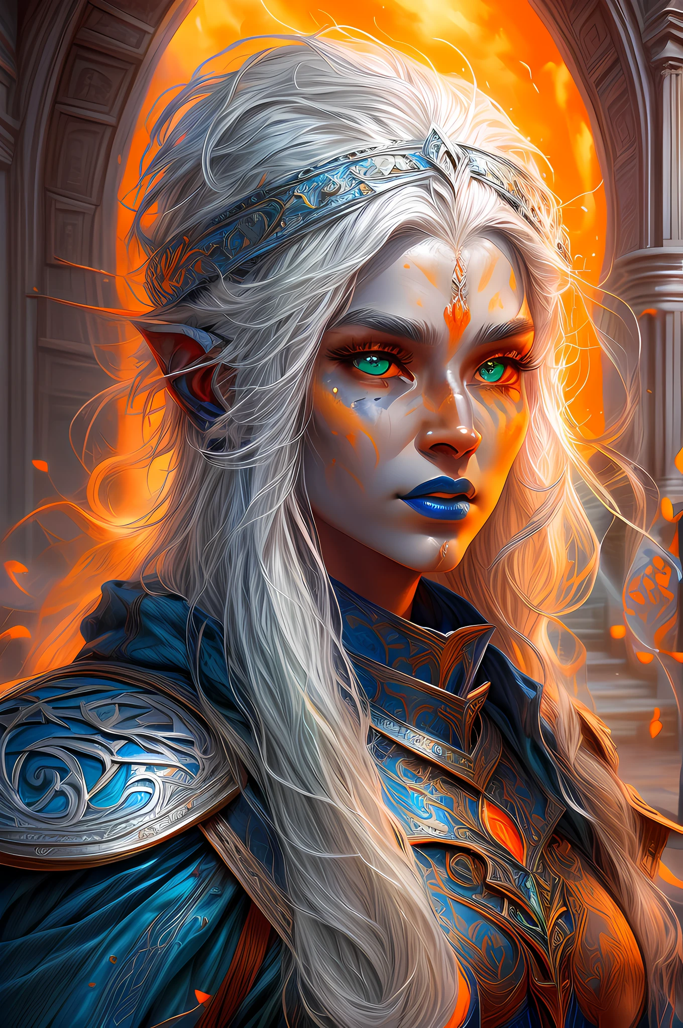 fantasy art, dnd art, RPG art, drkfntasy wide shot, (masterpiece:1.3), full body intense details, highly detailed, photorealistic, best quality, highres, portrait a vedalken female (fantasy art, Masterpiece, best quality: 1.3) (blue colored skin: 1.4), intense details facial detail fantasy art, Masterpiece, best quality)cleric, (blue colored skin: 1.4) 1person blue_skin, (white hair: 1.3), long hair, intense green eye, fantasy art, Masterpiece, best quality) armed a fiery sword red fire, wearing heavy (white: 1.3) half plate mail armor LnF wearing high heeled laced boots, wearing an(orange :1.3) cloak, wearing glowing holy symbol GlowingRunes_yellow,  within fantasy temple background and sun and clouds, reflection light, high details, best quality, 16k, [ultra detailed], masterpiece, best quality, (extremely detailed), dynamic angle, ultra wide shot, photorealistic, RAW, fantasy art, dnd art, fantasy art, realistic art