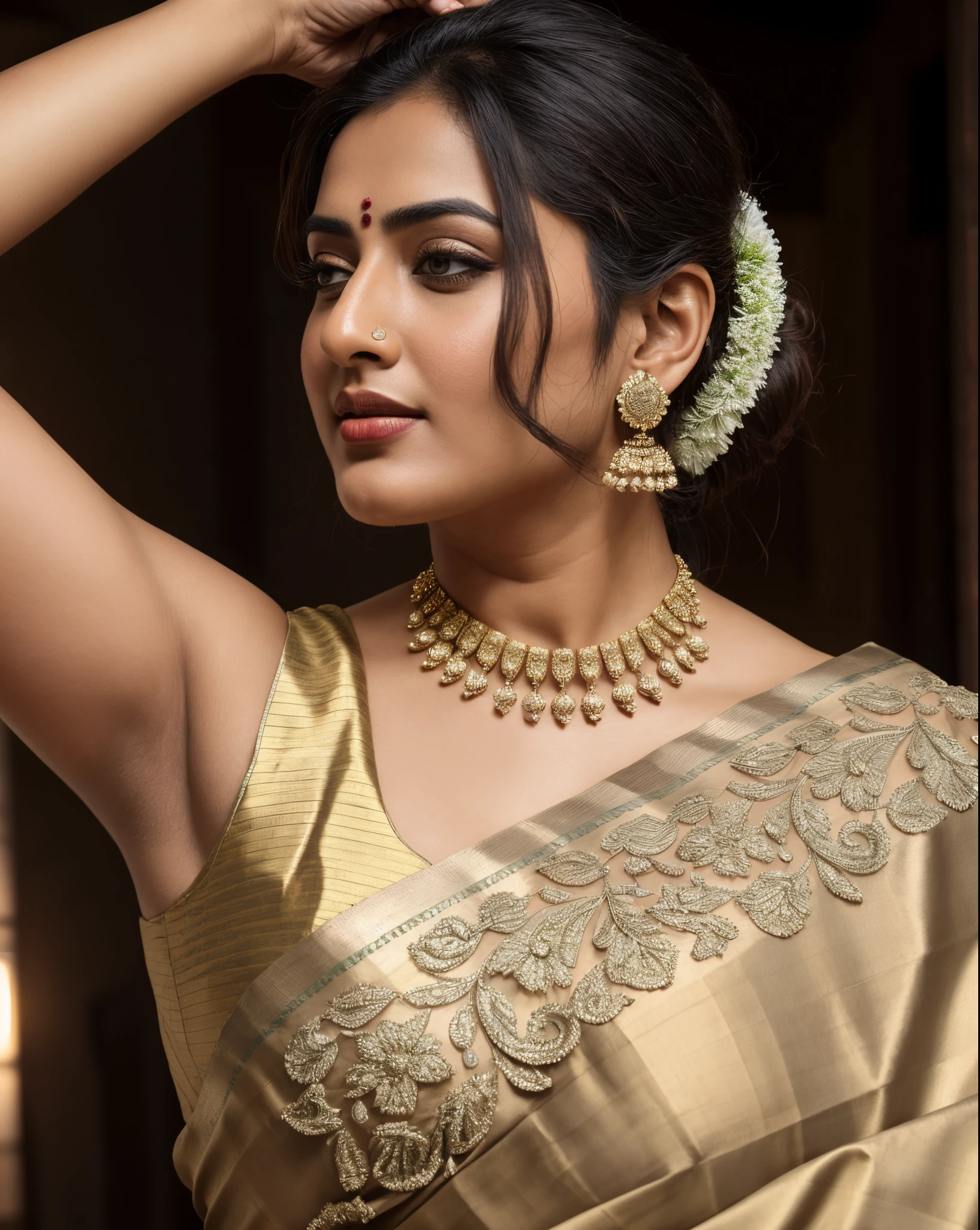 Foto RAW, photorealistic, photography, full body shot, master shot, goddess like beauty, perfect thick chubby mallu Desi aunty bhabhi, Wearing a Stanapatta, a chest-band.Saree model, model Photography, Indian saree shoot, Indian traditional wear advertising photography, traditional wear brand shoot, face of Indian actress Sonakshi Sinha, masterpiece, realistic, realism, incredible details,  pleasure, photorealism, detailed skin, skin pores, high contrast, photorealistic Artstation 8k HD digital art trend of high definition and detailed realistic skin texture, ultra detail, realistic skin texture, armature, best quality, ultra high definition, (photorealistic:1.4),, high resolution, detail, raw photo, Re sharp, by Lee Jefferies Nikon D850 Film Stock Photo 4 Kodak Portra 400 Camera F1.6 Lens Rich Color Ultra Real Realistic Realistic Textures Dramatic Lighting Unreal Engine Trending at Art Station Cinestill 800,(pele altamente detalhada: 1.2), 8k UHD, DSLR, soft-lighting, alta qualidade, grain of film, Fujifilm XT3,she didn't like to wear blouse or bra, she  happy to wear only saree, she hates blouse or bra, detailed hairy armpits,