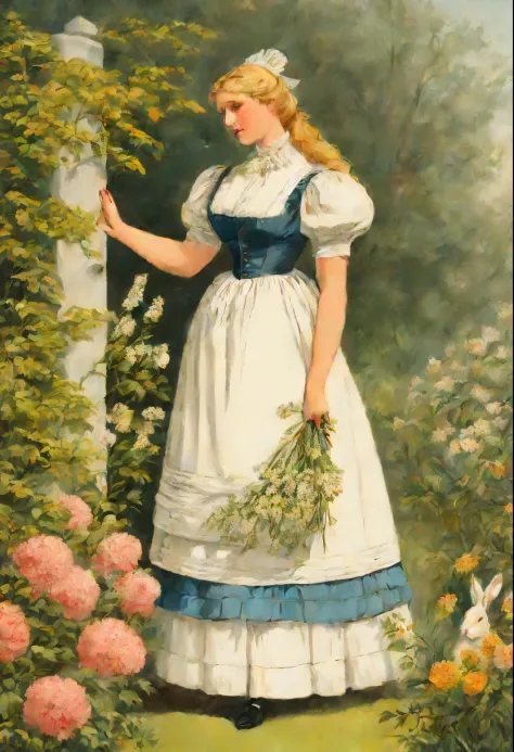 Full body view of a Anna Kournikova as a  corpulent curvy young buxom pretty chambermaid stands in a forest by a blossoming hedge with a bunch of flowers in her hand, a rabbit stands trustingly beside her, coloured drawing in the style of 1871 Punch magazi...