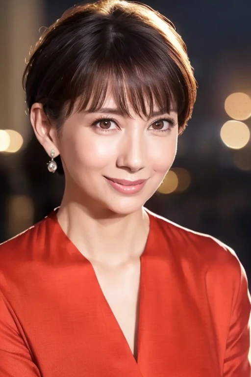 1 milf,(Wearing a light red blouse:1.2),(Raw photo, Best Quality), (Realistic, Photorealsitic:1.4), masutepiece, extremely delicate and beautiful, Extremely detailed, 2k wallpaper, amazing, finely detail, the Extremely Detailed CG Unity 8K Wallpapers, Ultra-detailed, hight resolution, Soft light, Beautiful detailed, extremely detailed eye and face, beautiful detailed nose, Beautiful detailed eyes,Cinematic lighting,city light at night,Perfect Anatomy,Slender body,Smiling,(Very short hair),(((48yo)))