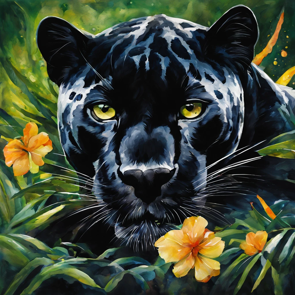 Beautiful black panther lying down, abstraction jungle backdrop, floral, fantasy, african style, beautiful, realistic, green, white, golden fibers, drops, balls, swirls, sparks, high octane, watercolor paint, a closeup of a