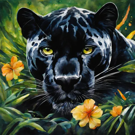 beautiful black panther lying down, abstraction jungle backdrop, floral, fantasy, african style, beautiful, realistic, green, wh...